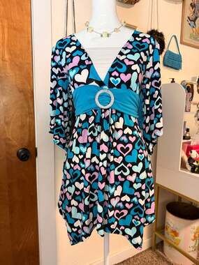 Y2K Route 66 Heart Print Empire Waist Mini Dress XL Bell Sleeve Tie Back